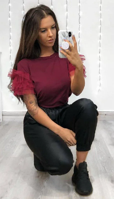 Deal Explosion Tulle Puff Frill Sleeved T-Shirt In Wine