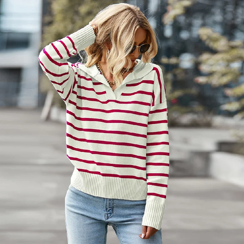 Price Drop Striped Women'S Polo Lapel Knitwears Wholesale Sweaters