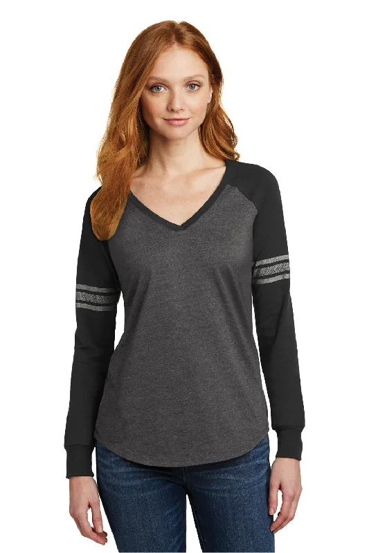 Quick Deals District Womens Game Long Sleeve V-Neck T-Shirt - Heather Charcoal Grey/Black/Silver Grey - Closeout