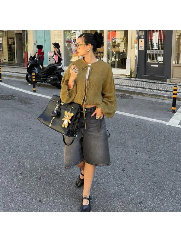 Online Exclusive Plain Tie-wrap Lantern Sleeve Blouses