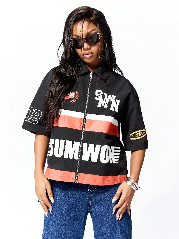 Weekend Deals That Excite SUMWON WOMEN Boxy Zip Through Graphic Shirt