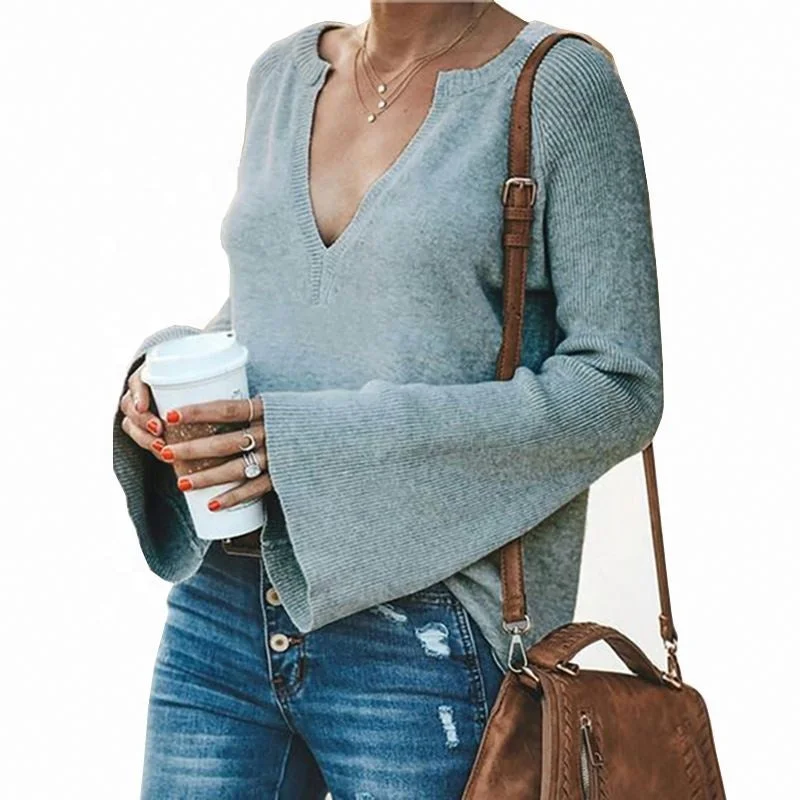 Shop and Save Jumper Sweaters Woman For Knitwear V Wholesale Plus Size Pullover Knit Sweater Female Deep V-Neck Trumpet Sleeve Sexy Top Wom