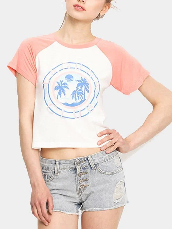 Hurry In Custom Casual Double Color Random Print Pattern Cropped T-shirt