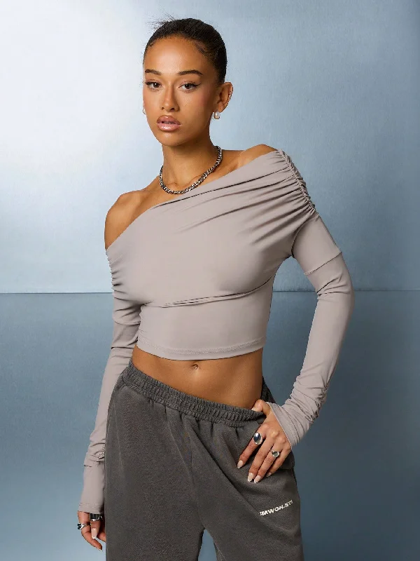 Blowout Deals SUMWON WOMEN Jersey Long Sleeves Fitted Bardot Crop Top
