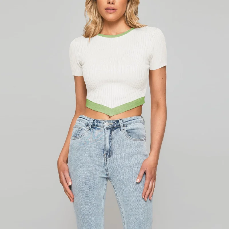 Buy Now Colorblock Short-Sleeve Ultra-Short T-Shirt Ribbed Crop Top Wholesale Womens Tops