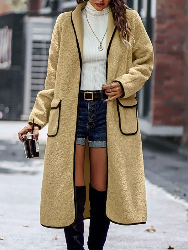 Price Drop Full Size Contrast Trim Long Sleeve Coat with Pockets