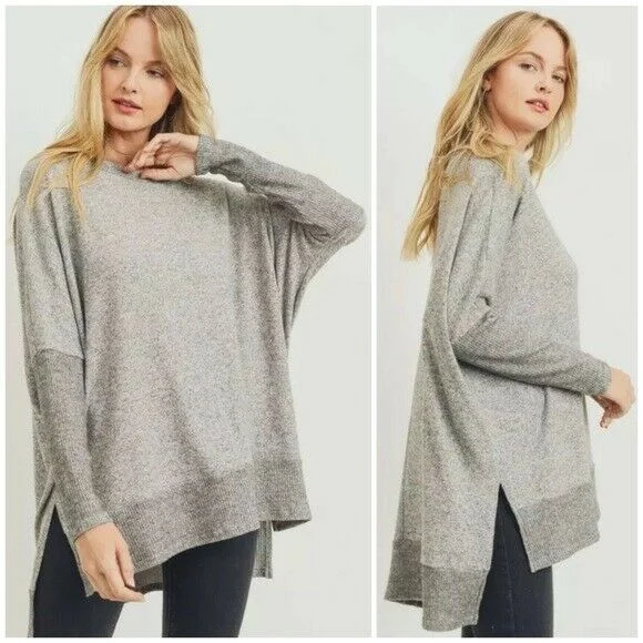 Special Savings Heather Gray Brushed Soft Knit Boxy Fit Side Slit Long Sleeve Tunic Top Womens