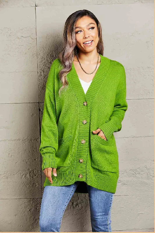Special Price Double Take Ribbed Trim Dropped Shoulder Pocketed Cardigan