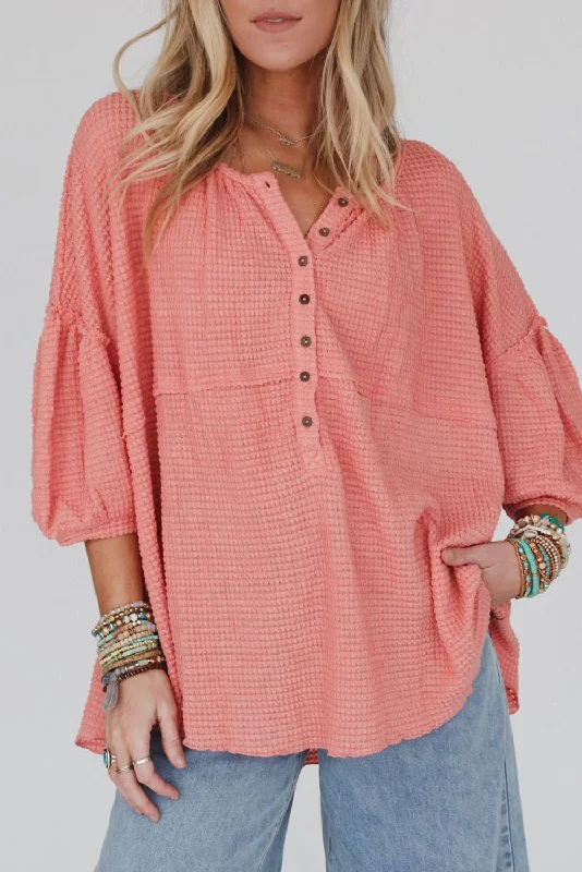Can't Miss Pink Waffled Bracelet Sleeve Oversized Henley Top