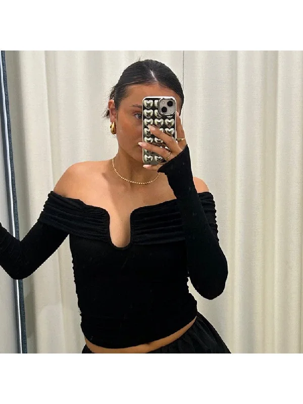 Final Clearance Ruched Off Shoulder Cropped Tops