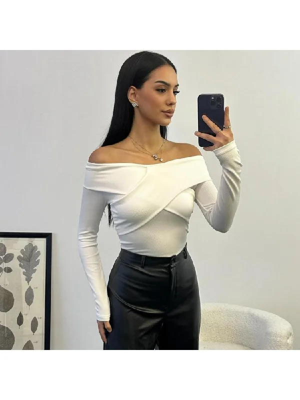 Price Smash Plain Rib Off Shoulder Wrap Bare Waist Tops