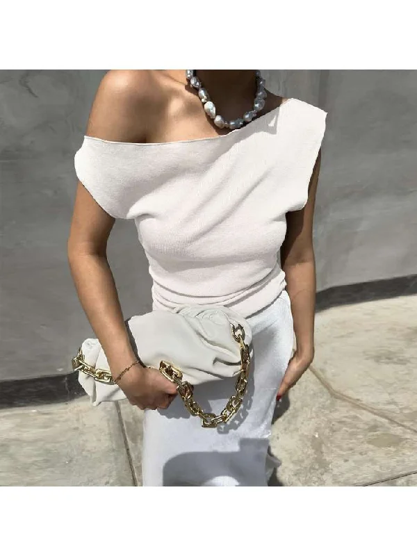 Value Deals Plain Color Inclined Shoulder Casual Tops
