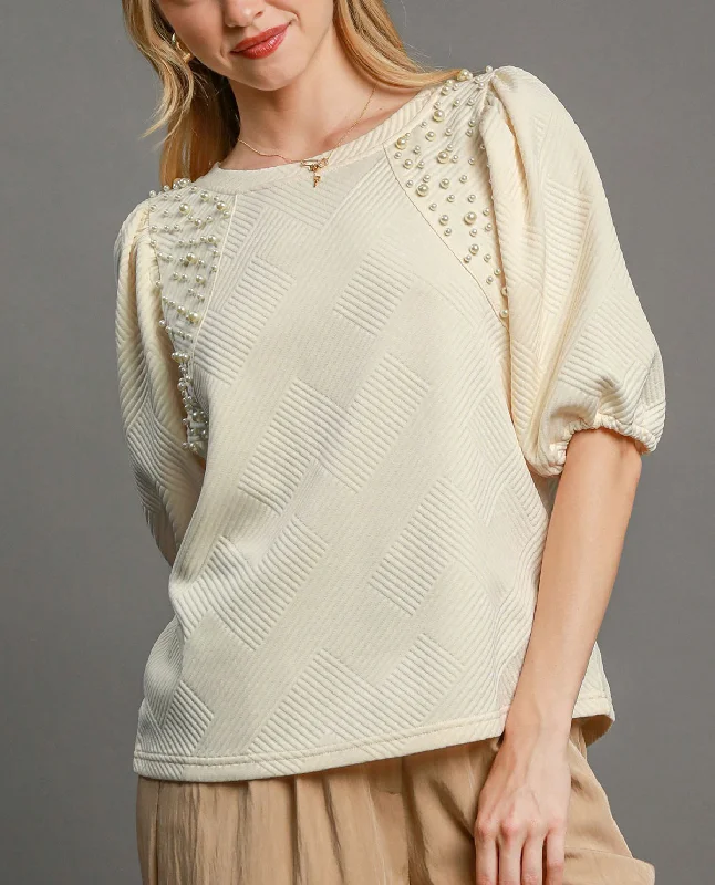 Weekend-Only Price Drops Jacquard Top with Pearl Details