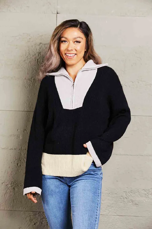 New Markdowns Double Take Color Block Half-Zip Dropped Shoulder Knit Pullover