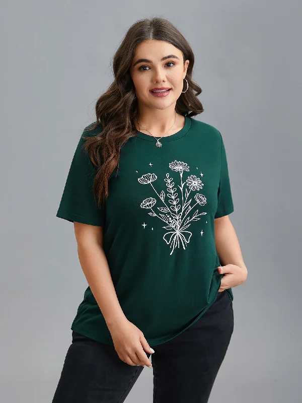 Seasonal Clearance Floral Motif Round Neck Fitted T-Shirt