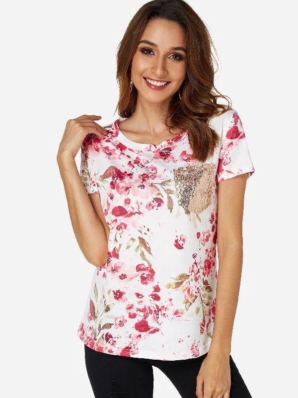 Sale Event OEM ODM Round Neck Floral Print Sequins Embellished Short Sleeve White T-Shirts