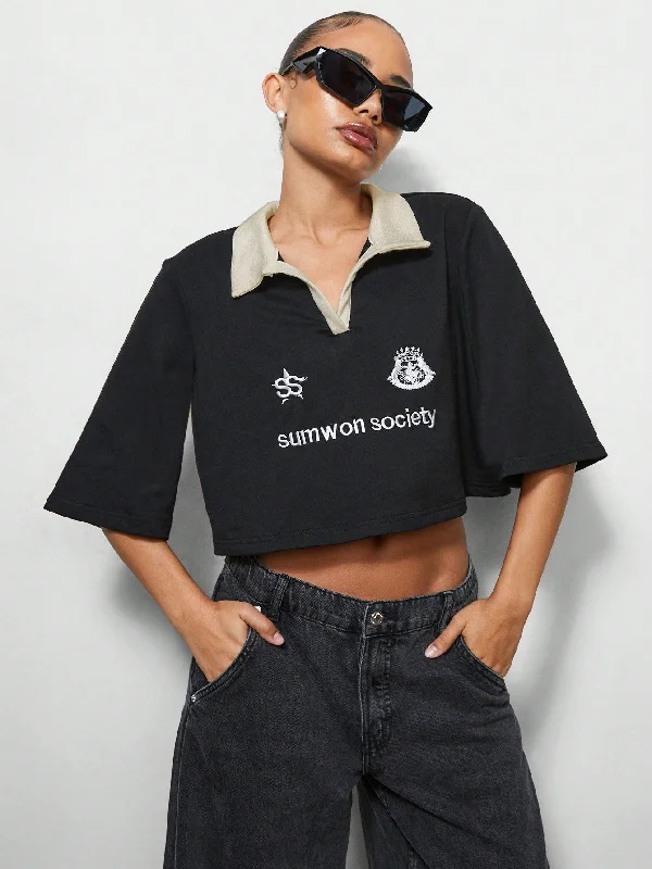 Exclusive Deal SUMWON WOMEN Polo Neck Boxy Crop T-Shirt With Front Embroidery