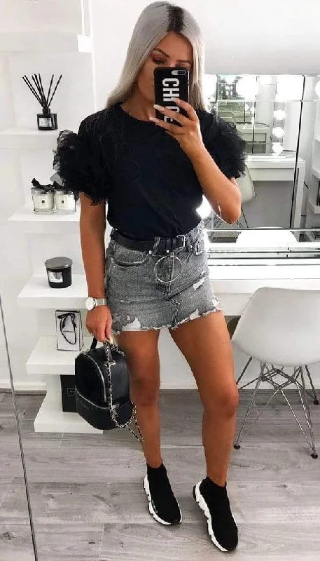 Bargain Prices Tulle Puff Frill Sleeved T-Shirt In Black