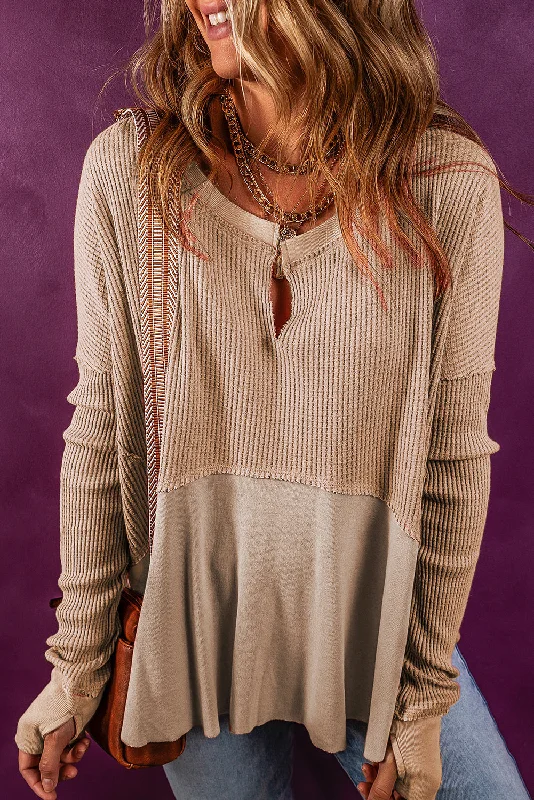 Take Advantage Mineral Red Waffle Knit Patchwork Exposed Seam Long Sleeve Top