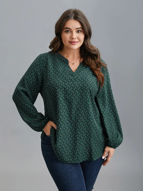 Deep Savings Notched Collar Geometric Print Flowy Blouse