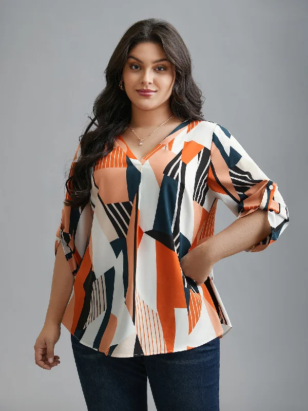 Weekend Offers That Impress Abstract Print Tab Sleeve Blouse