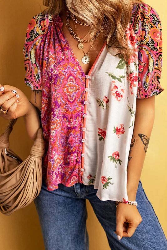 Weekend Specials to Grab Printed V-Neck Short Sleeve Blouse