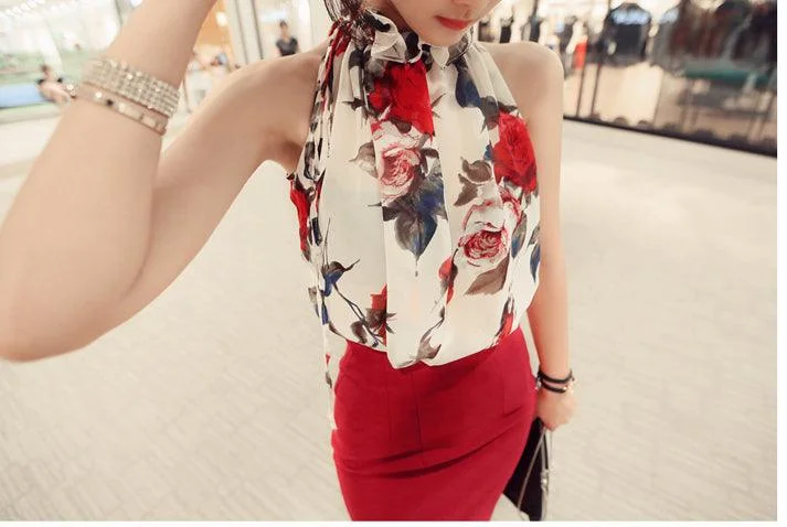 Weekend Discounts to Celebrate CHIFFON HALTER FLORAL BLOUSE