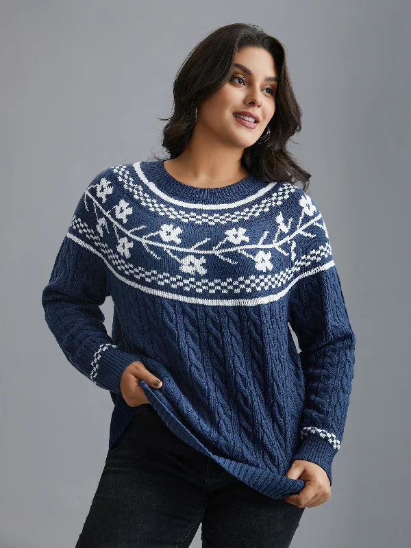 Unbeatable Prices Floral Cable Knit Raglan Sleeve Pullover