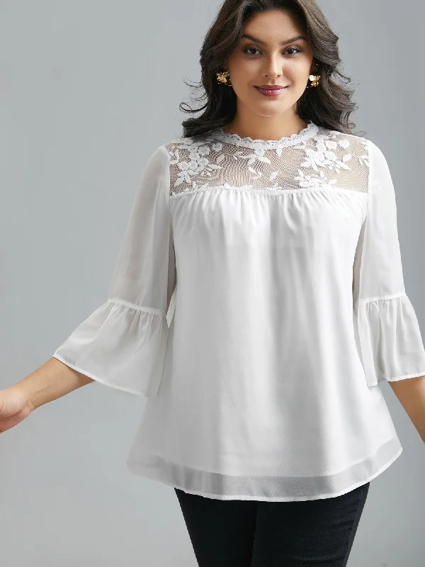 Steals and Deals Dreamy Lace Neck Flared Sleeve Chiffon Blouse