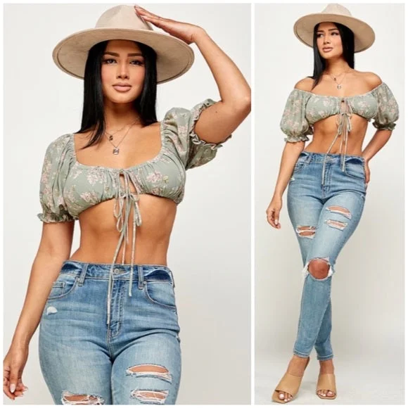 Clearance Sale Sage Floral Cropped Off/On The Shoulder Tie Front Short Sleeve Top Casual Womens
