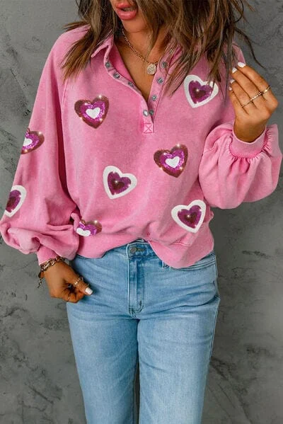 Daily Deals Heart Sequin Half Snap Collared Neck Sweatshirt