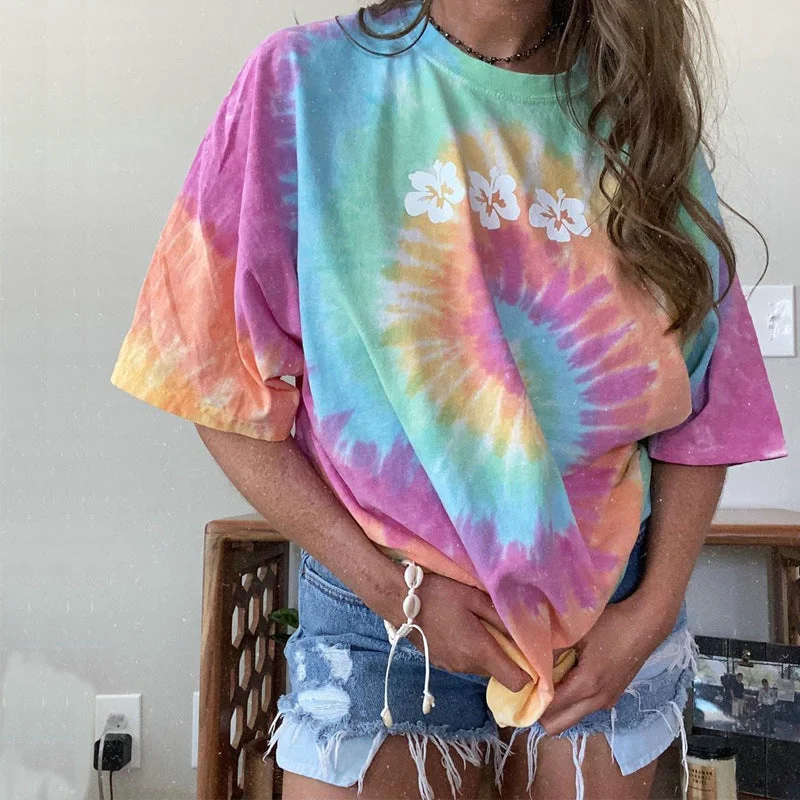 Price Break Summer Tie-Dye Top Short Sleeve Loose Crew Neck Womens T Shirts Wholesale