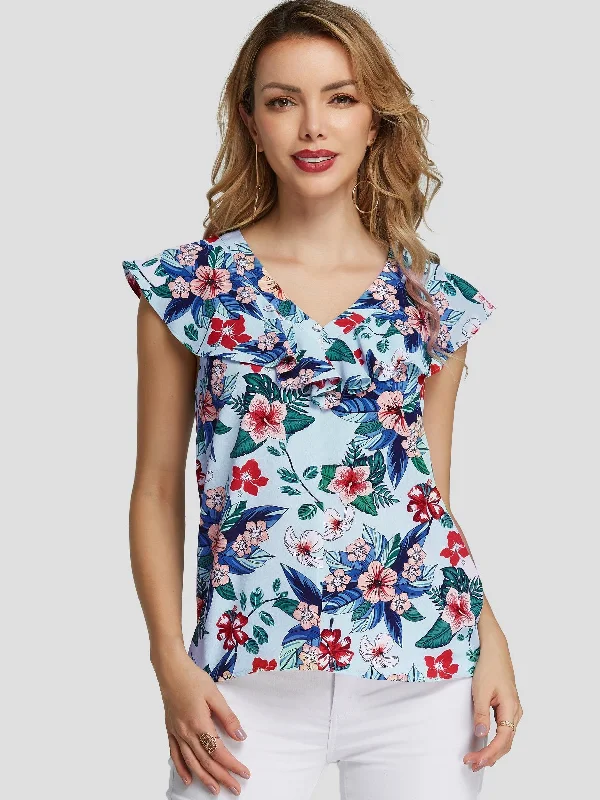 Weekend Specials You Can't Miss Custom V-Neck Floral Print Tiered Sleeveless Light Blue Tank Top