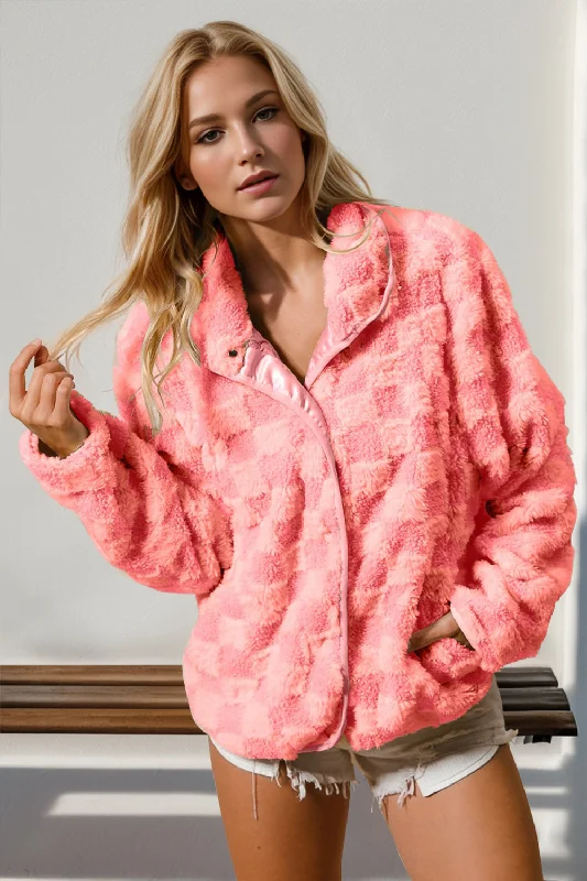 Overstock Double Take Checkered Long Sleeve Fuzzy Jacket
