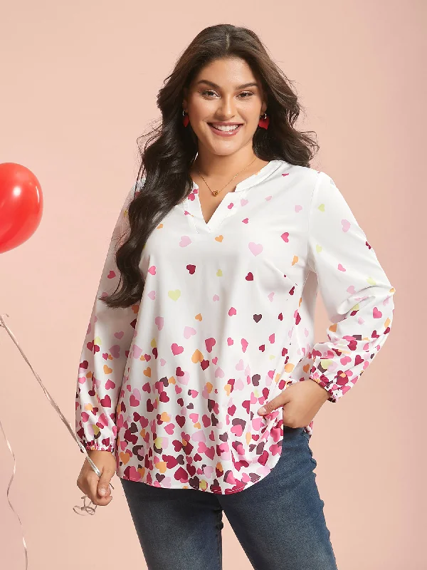 Super Deal Notched Collar Multi-Color Hearts Blouse