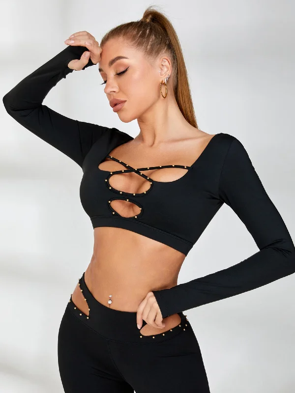 Weekend Deals That Impress ZASUWA Female Rivet Cross Cutout Backless Long Sleeves