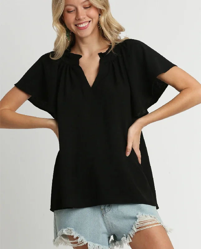 Savings Event Solid Texture Split Neck Top
