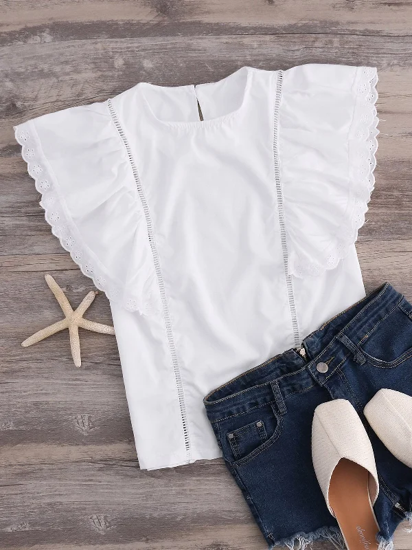 Epic Deals Wholesale Round Neck Plain Cut Out Ruffle Trim Short Sleeve White T-Shirts