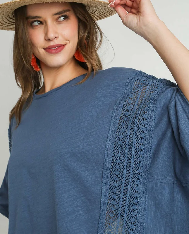 Super Sale Slub Cotton Knit Top with Lace Trim