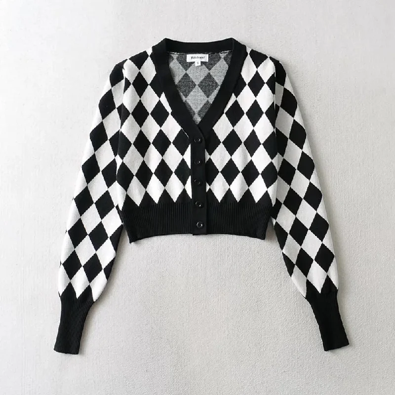 Super Sale Vintage Lingge V-Neck Knit Short Sweater Long-Sleeved Single-Breasted Slim Wholesale Cardigans