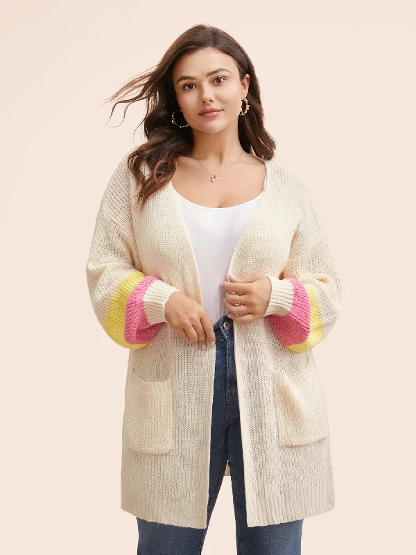 Weekend Offers That Thrill Colorblock Contrast Lantern Sleeve Pocket Cardigan