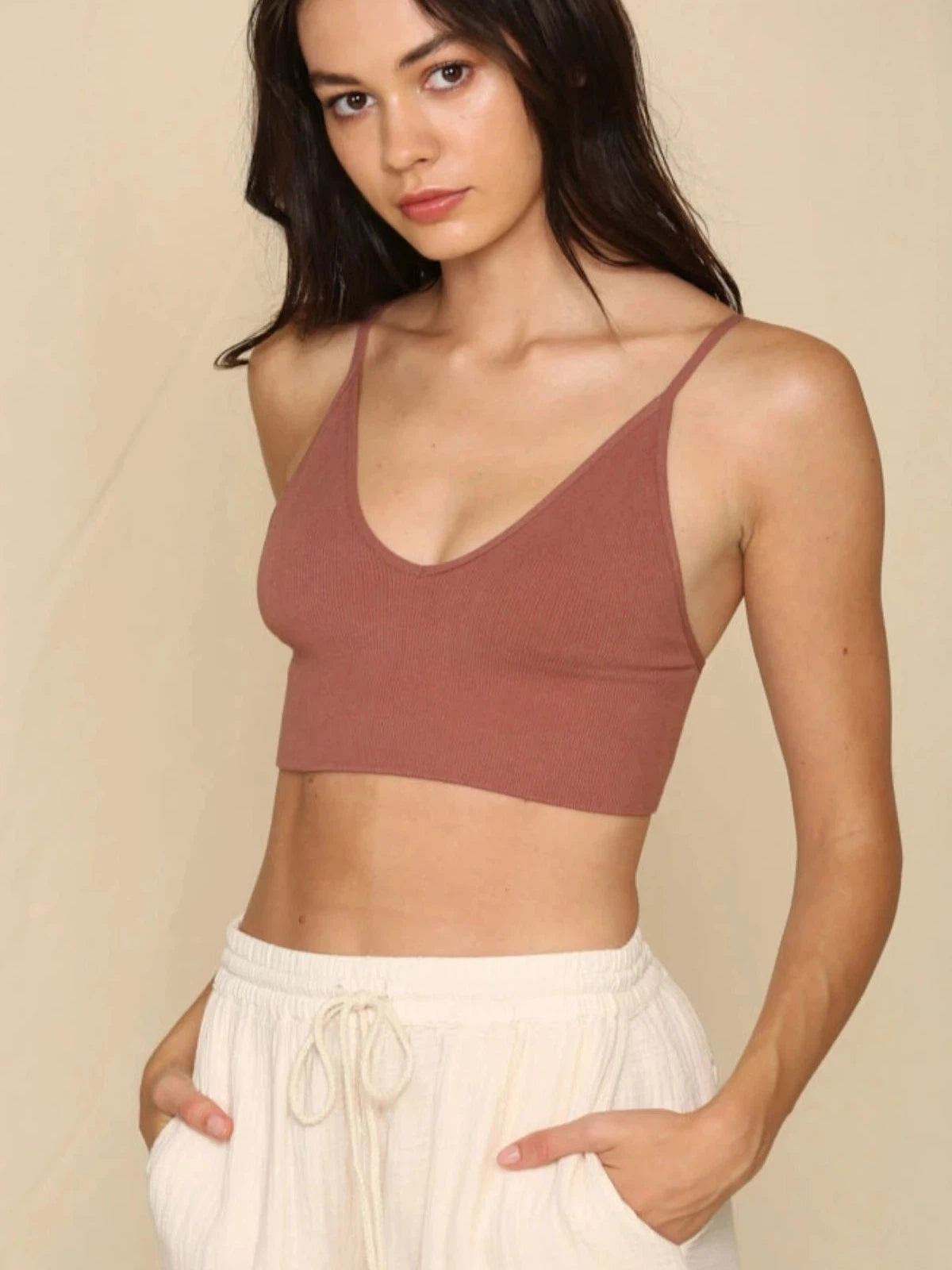 Special Discount Brami Ribbed V-Neck Bra Top - Cocoa