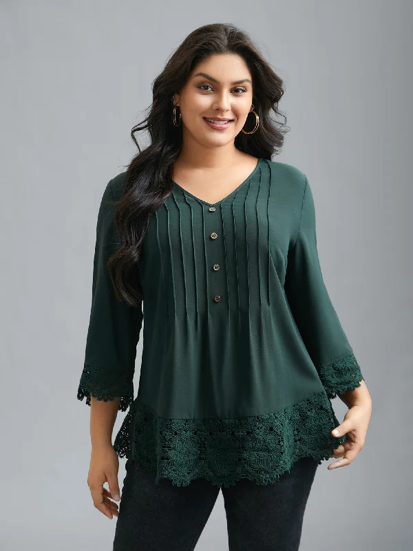 Exclusive Online Offer V Neck Plicated Detail Contrast Lace Blouse