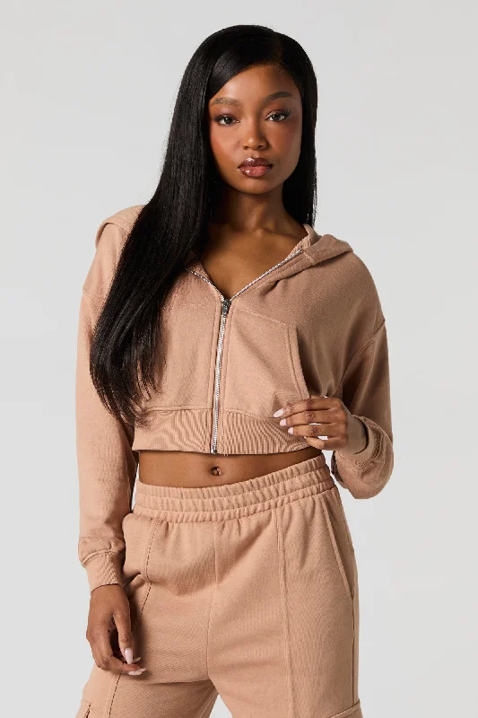 Deal Frenzy Solid Fleece Zip-Up Cropped Hoodie
