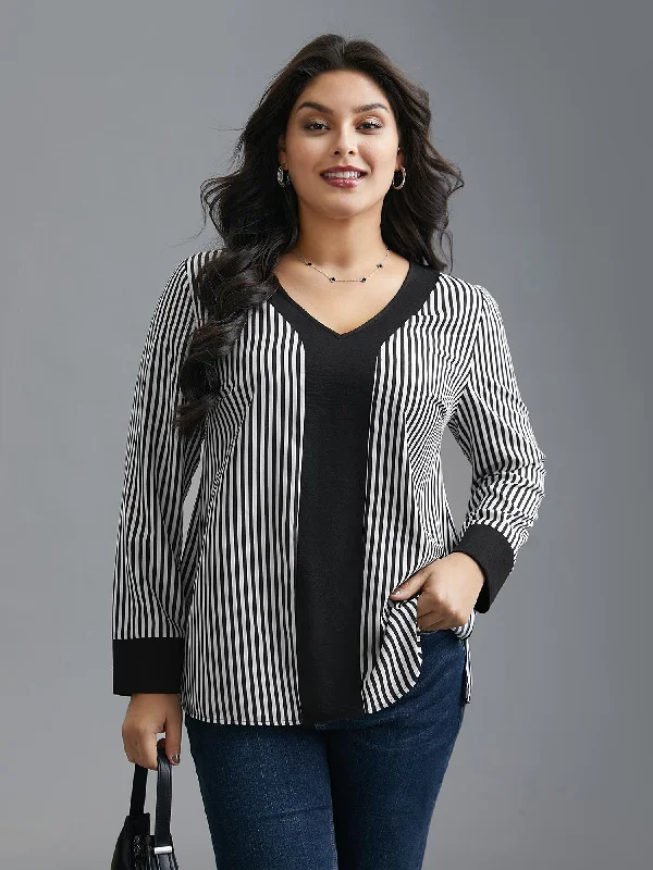 Weekend Specials Just for You V Neck Striped Patchwork Blouse