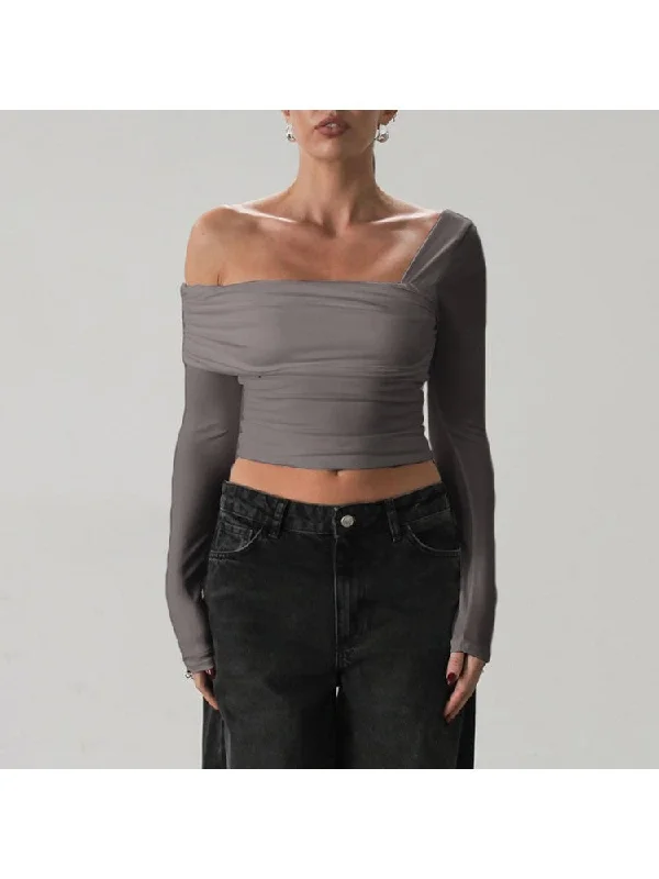 While Supplies Last Solid Inclined Shoulder Cropped Tops
