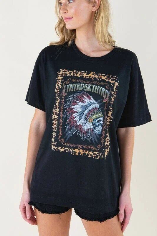 Clearance Event Black Lynyrd Skynyrd Skull Indian Chief Leopard Oversized Graphic T-Shirt Womens Clearance Event Black Lynyrd Skynyrd Skull Indian Chief Leopard Oversized Graphic T-Shirt Womens