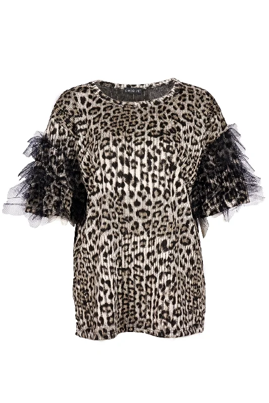Great Bargains LEOPARD PRINT PUFF SHOULDER TOP BLACK