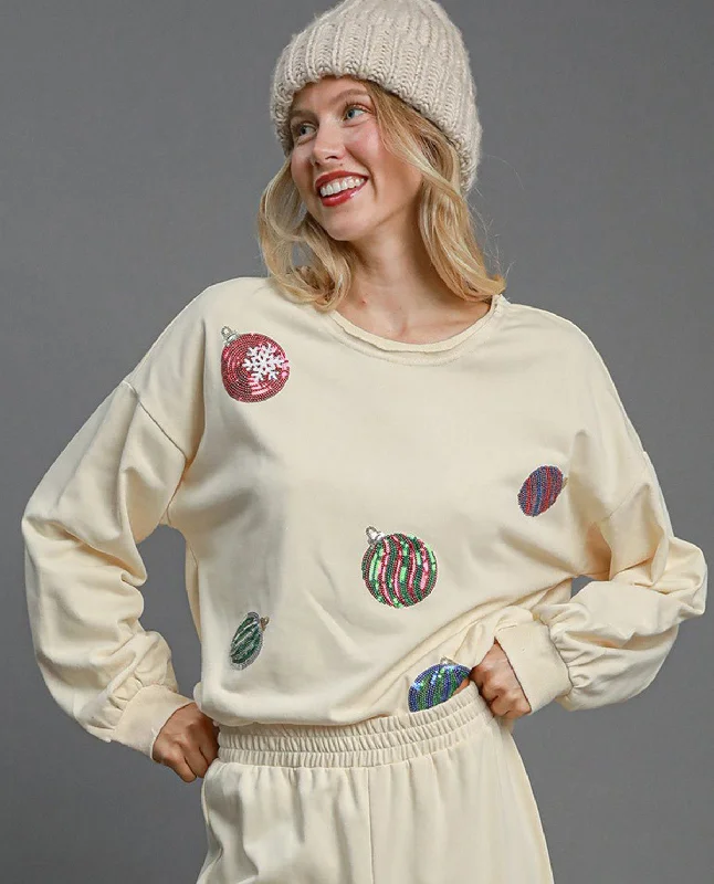 Lowest Price French Terry Top with Christmas Ornament Sequins