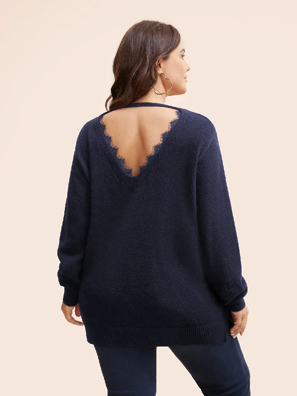 Special Discount V Neck Lace Patchwork Backless Pullover